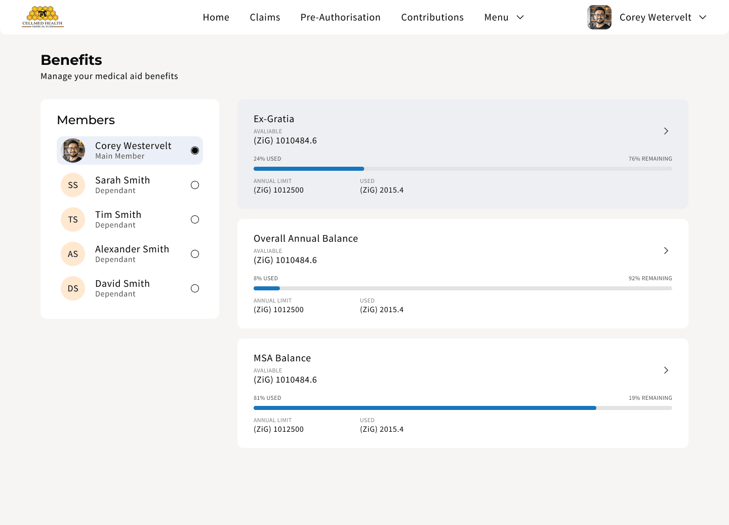 CellMed Benefits screen on desktop: Ex-Gratia, Overall Annual Balance and MSA Balance, each showing available balance, percentage used and annual limit