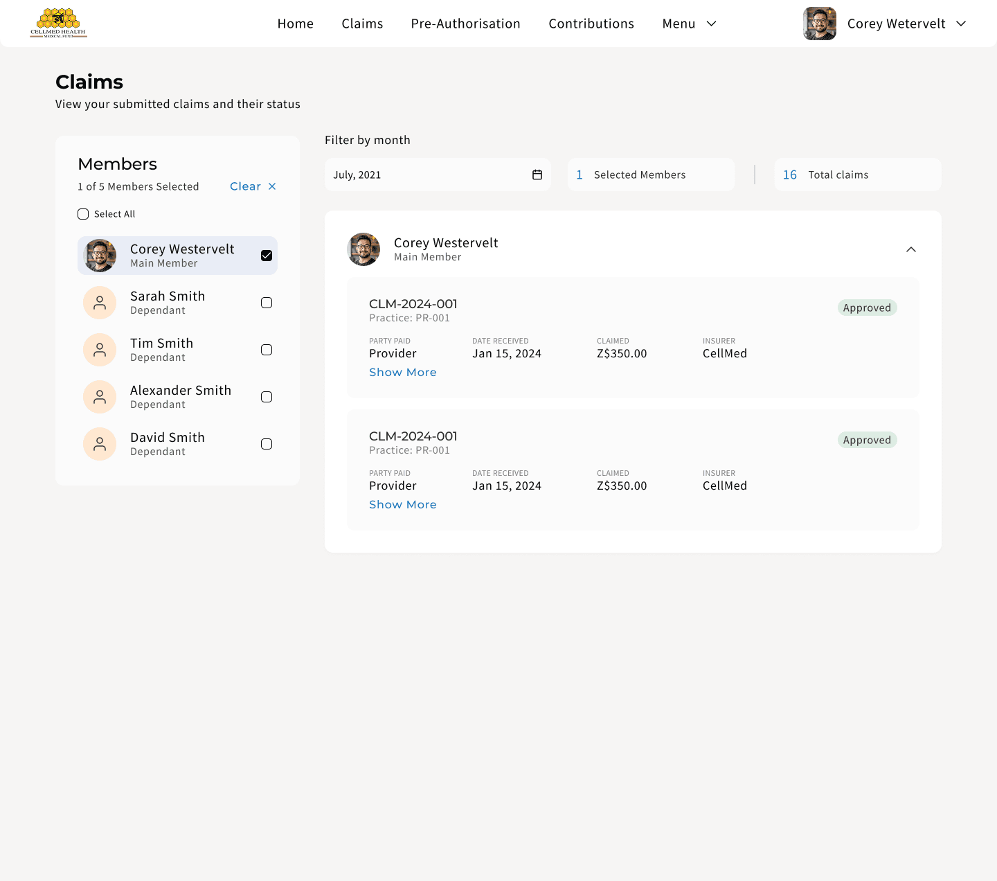 CellMed Claims screen on desktop: member and dependant selector, month filter, and a claim card showing claim number, practice, party paid, date received, amount claimed, insurer and approved status