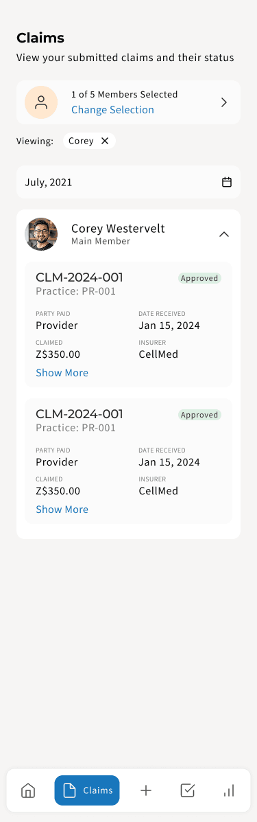 The same CellMed Claims screen on mobile, with the member selector collapsed into a summary row and bottom tab navigation