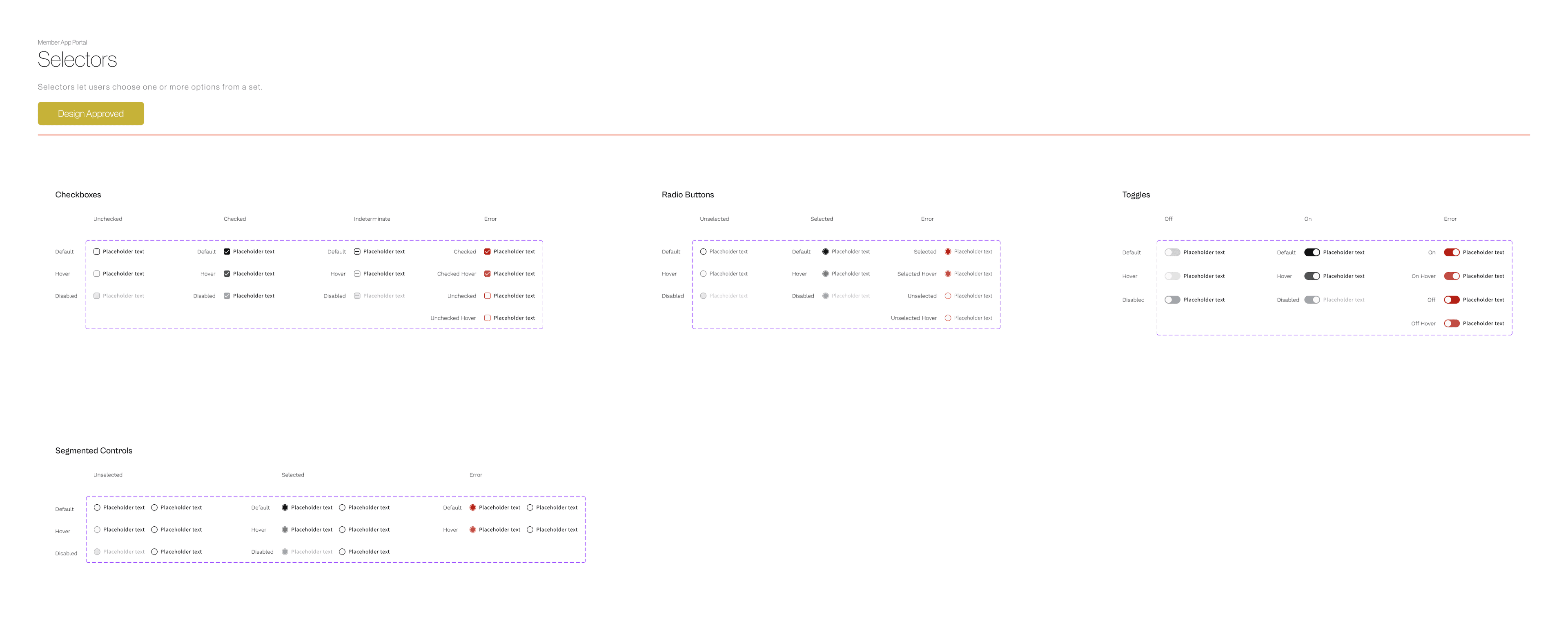 CellMed design system: the Selectors component set, covering checkboxes, radio buttons, toggles and segmented controls across default, hover, disabled and error states