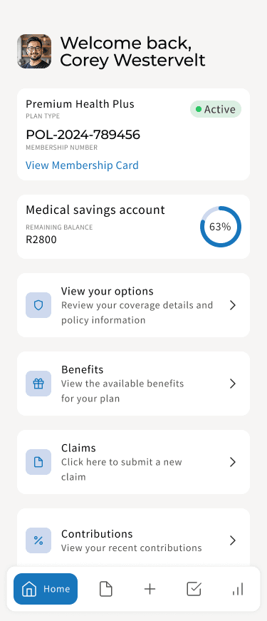 The same CellMed Dashboard on mobile, with the same plan, savings balance and shortcuts stacked in a single column