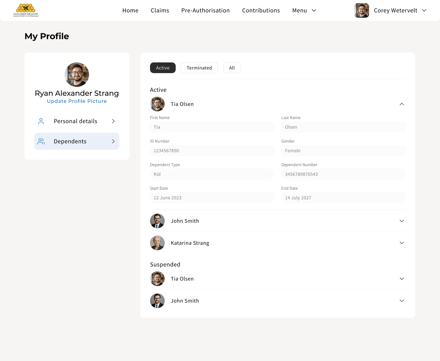 CellMed Dependents screen on desktop: Active/Terminated/All filter, a dependant's details expanded, and a Suspended list below