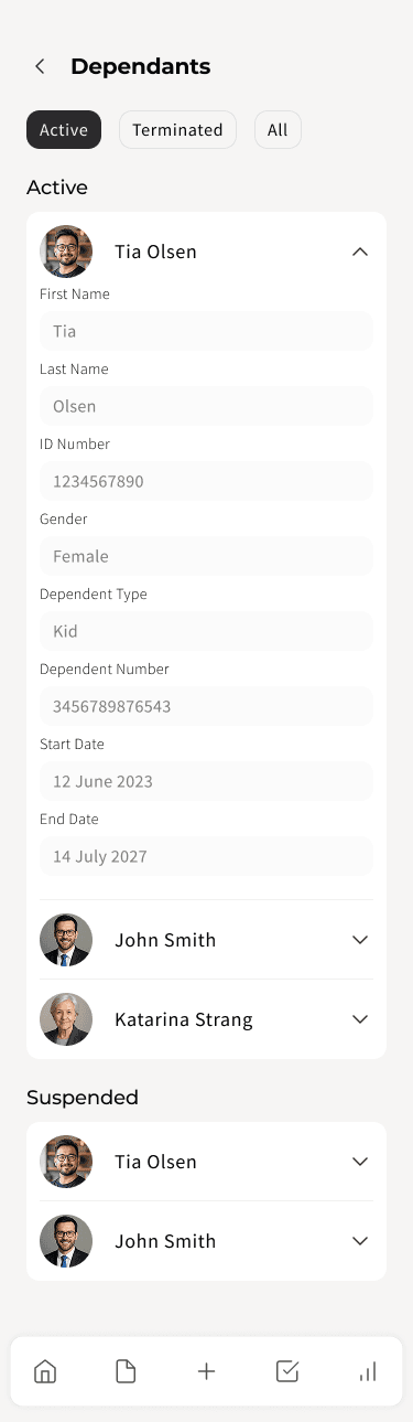 The same CellMed Dependents screen on mobile, with the same dependant details and Suspended list stacked in a single column