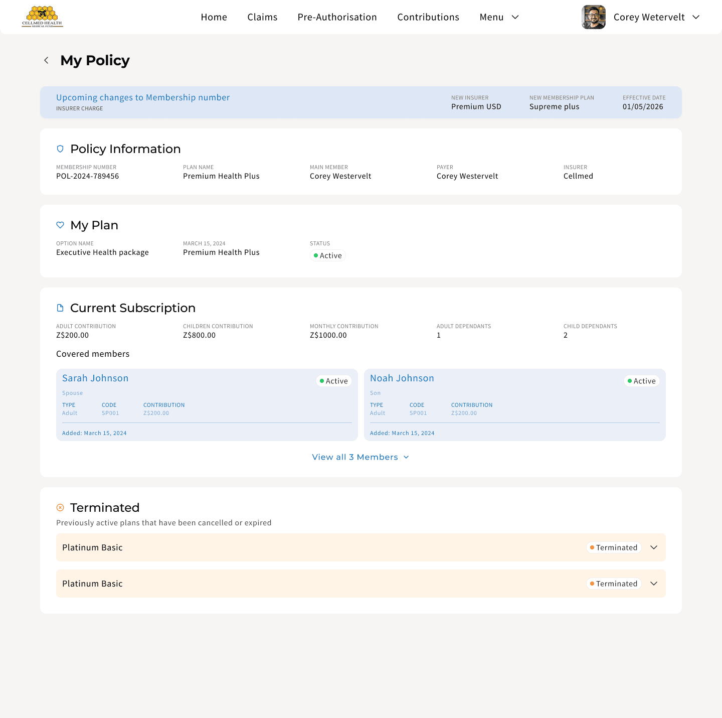 CellMed My Policy screen on desktop: policy information, plan details, current subscription and covered members, plus a terminated-plans history