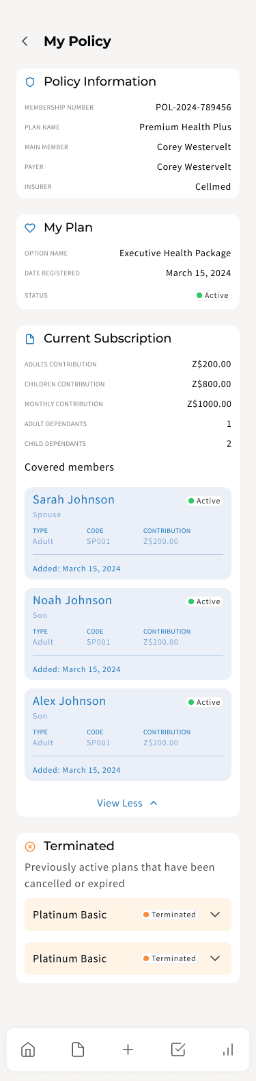 The same CellMed My Policy screen on mobile, with covered members expanded to show all three dependants