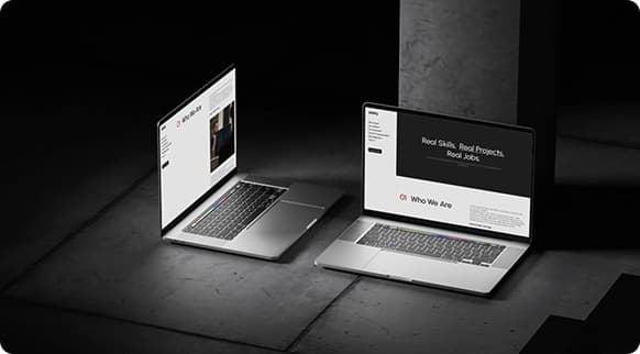 Two laptops showing the Edufy site: the homepage in the foreground reading "Real Skills, Real Projects, Real Jobs," and a secondary page behind it