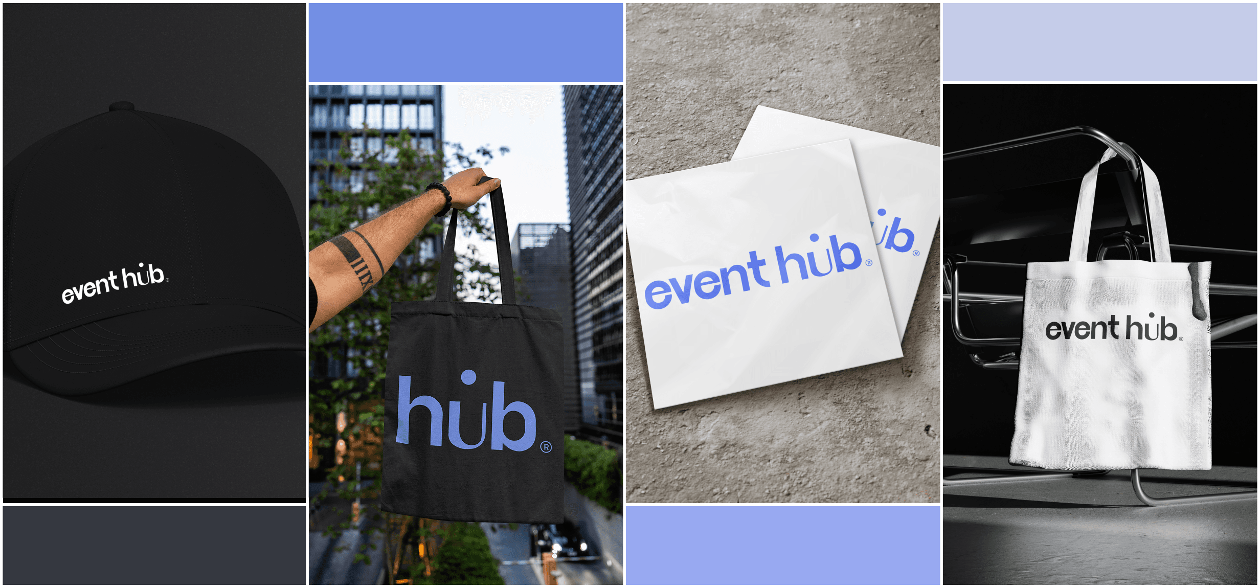 EHUB logo lockup shown across a cap, tote bags, printed cards, and studio and urban settings