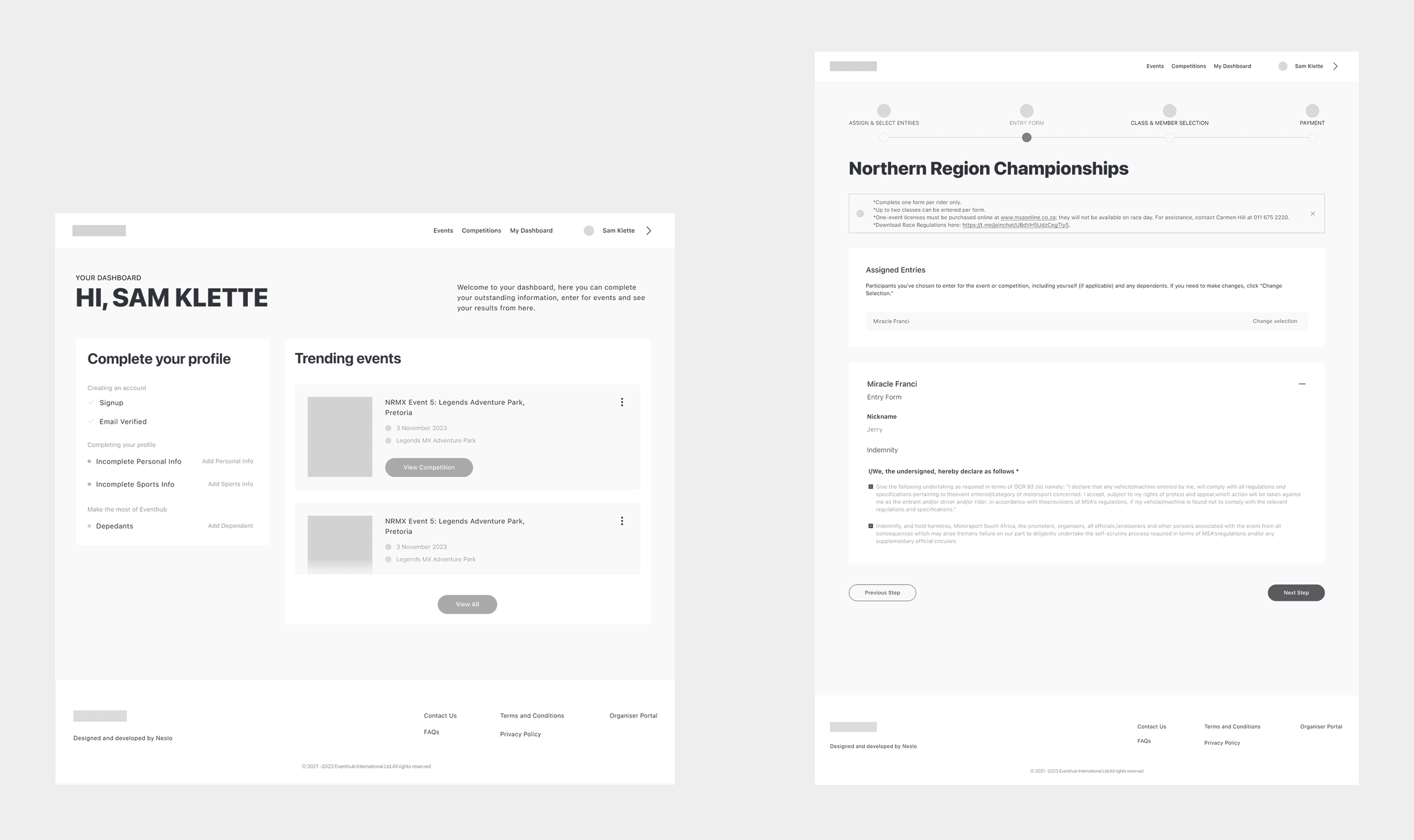 EHUB low-fidelity wireframes for the participant dashboard and competition entry form