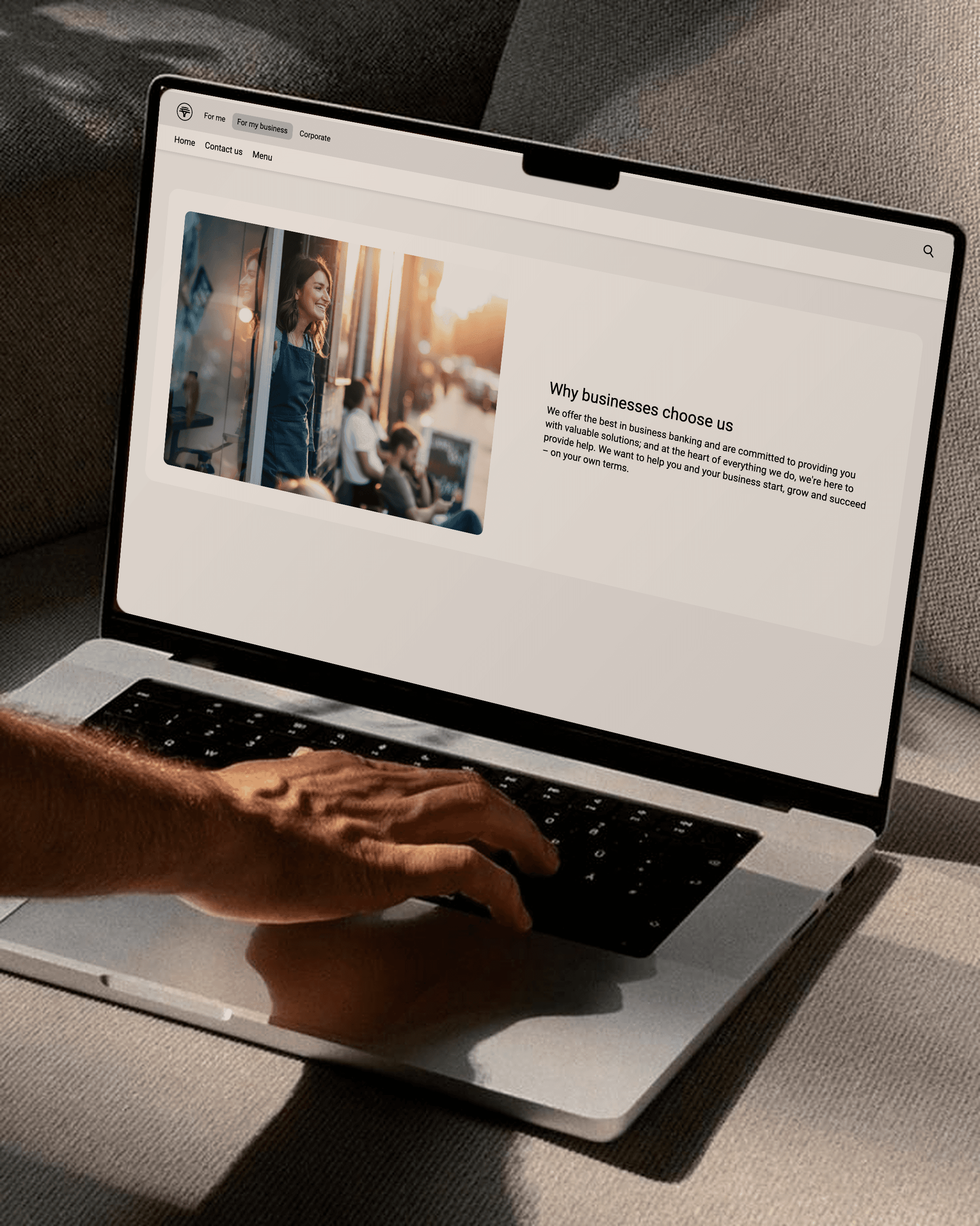 FNB "For my business" page shown on a laptop