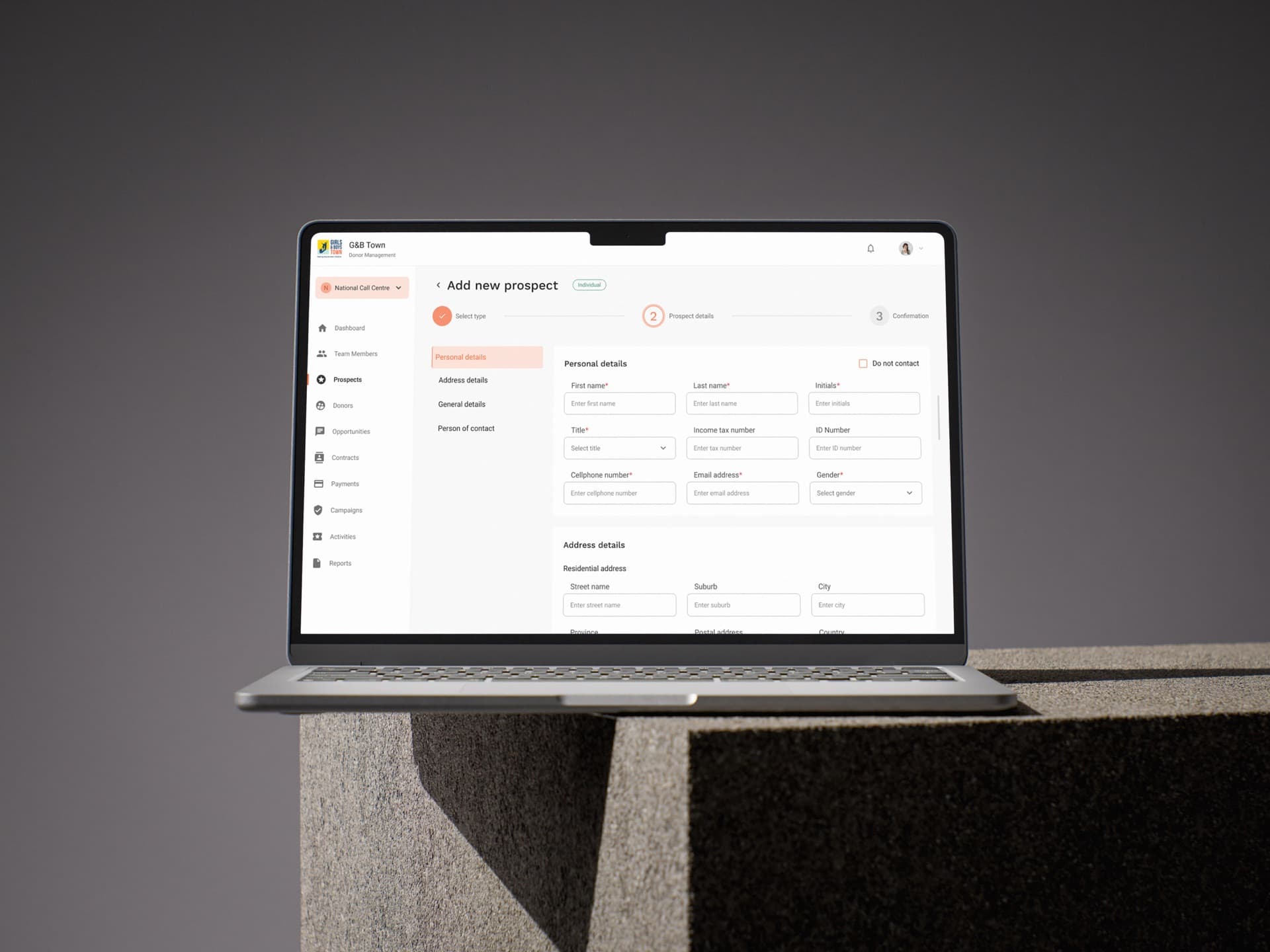 The add-a-prospect flow as a guided three-step wizard: select type, prospect details, confirmation, with the detail sections broken into personal, address and general