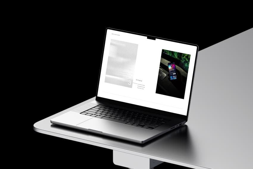 The Neslo site's work section on a laptop, showing a client project entry from the studio's portfolio