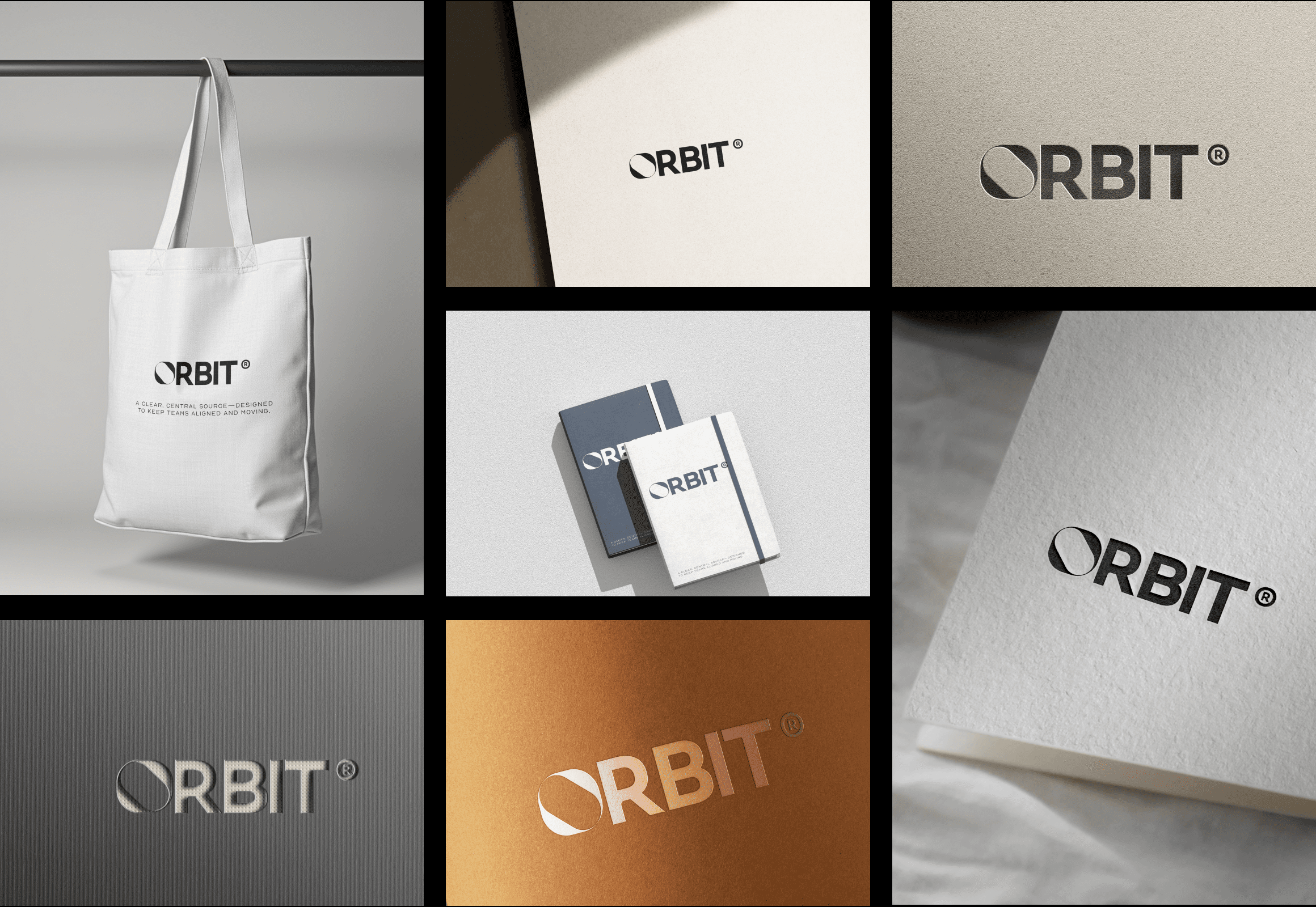 Orbit logo lockup shown across a tote bag, notebooks, and foil-stamped and embossed surfaces