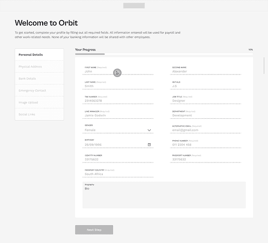 Orbit onboarding, personal info settings step