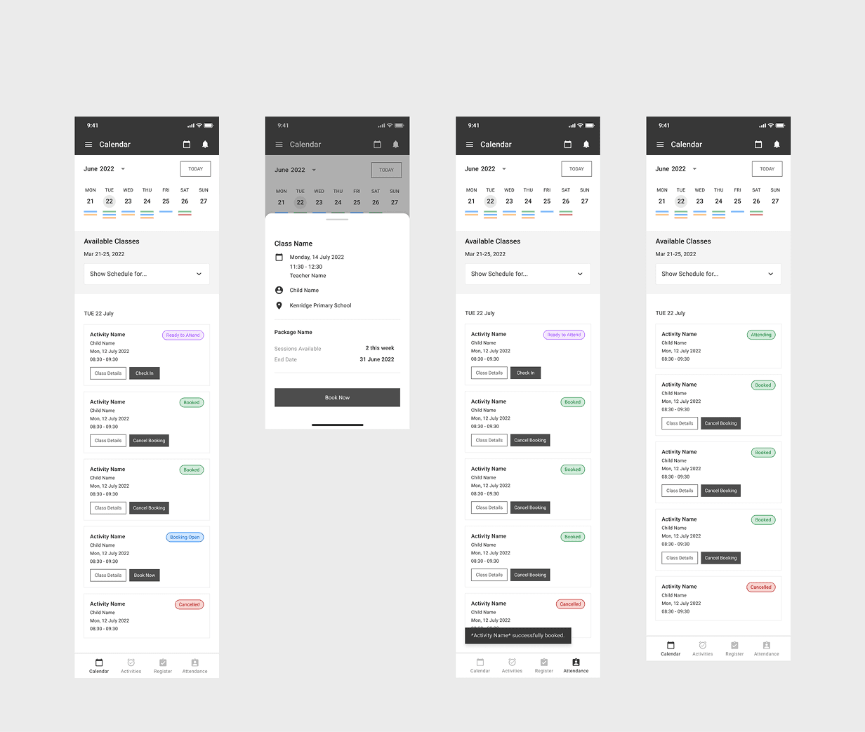PT Flash calendar screen shown across booking states, from ready to attend through cancelled