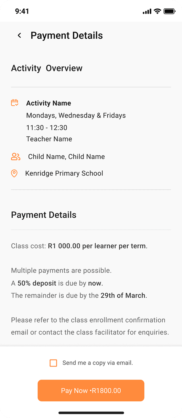 PT Flash payment details screen, showing activity overview and cost breakdown