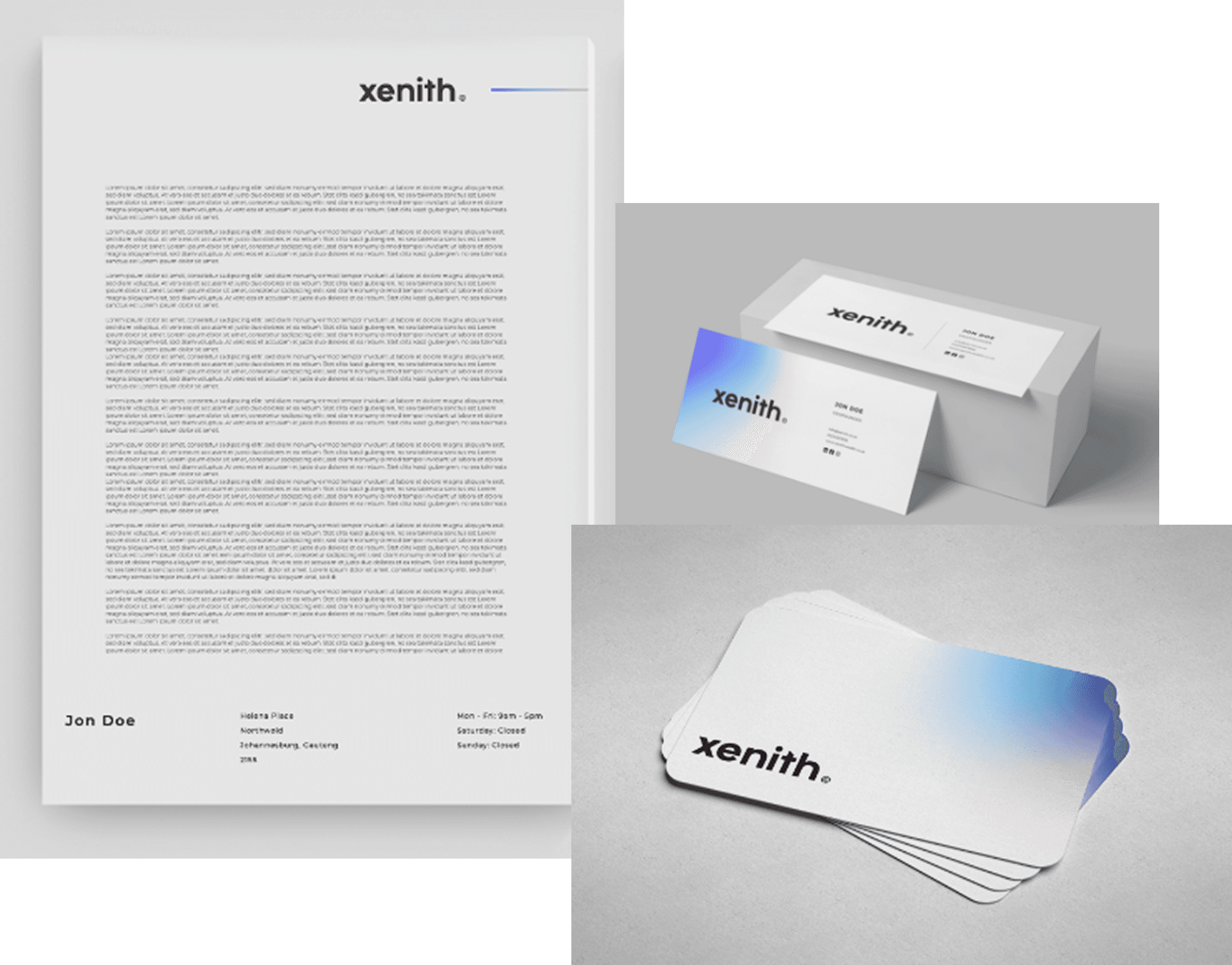 Xenith brand assets: letterhead, business cards, and card box